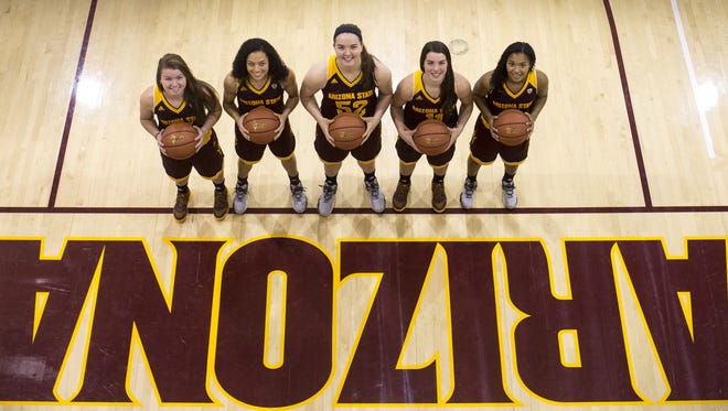 The ASU women's basketball freshman class (from left): Sydney Goodson, Reili Richardson, Jamie Ruden, Robbi Ryan and Kiara Russell, November 2, 2016, on the practice court at the Weatherup Center, 521 S Rural Road, Tempe.