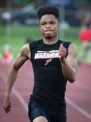 Harrison’s Noah McBride set a meet record of 10.49 in the boys 100 meter dash at the Southern Indiana Athletic Conference track meet held at Evansville’s Central High Stadium Thursday, May 11, 2017.