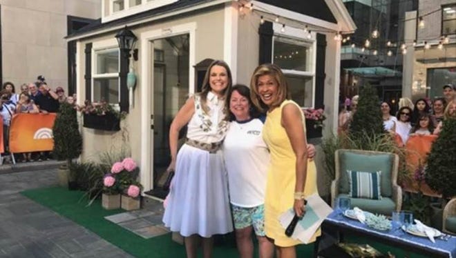 Savannah Guthrie, Marti McKeon Townsend and Hoda Kotb, from left, stand outside the "She Shed" Townsend won Thursday on  the "Today" show.