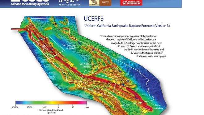 This map produced by the U.S. Geological Survey and partner organizations shows the estimated likelihood of earthquakes of magnitude 6.7 or larger during the next 30 years in California.