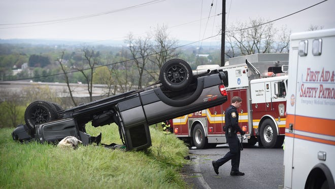Annville Cleona rescue personnel worked for close to 15 minutes to free a man trapped in an overturned vehicle at 915 N. Mill St. in North Annville Township Sunday, May 1. Members of Station 7  -Waterworks and Station 58 Annville/Cleona fire, were dispatched at 10:55 a.m. The single-passenger vehicle was headed north on North Mill Street, as it flipped after a sharp right turn to the east. The pavement was wet at the time. The driver was at the scene of the accident, but no information was available about his condition or whether he was transported.