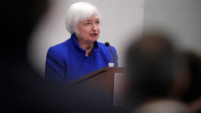Federal Reserve Chair Janet Yellen speaks to a conference of business leaders during an address at the Federal Reserve Bank of Boston, in Boston.