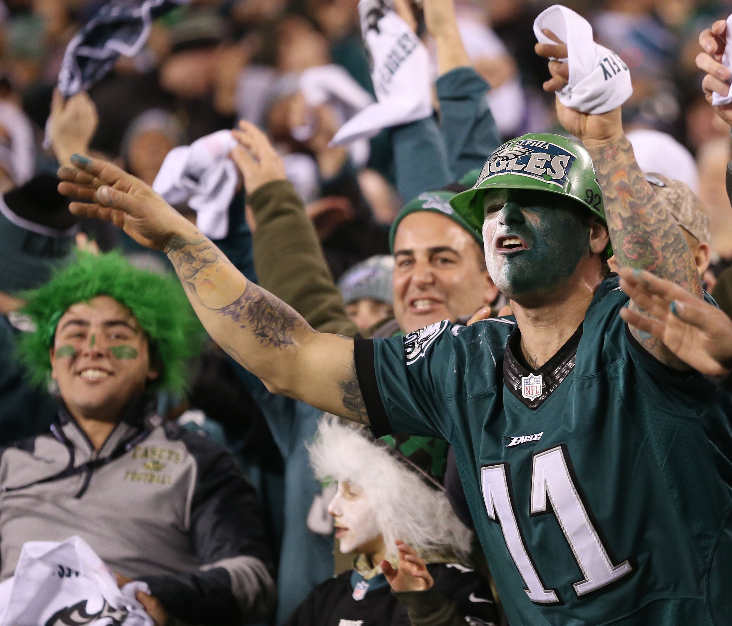 Jan 21, 2018; Philadelphia, PA, USA; Philadelphia Eagles fans cheer from the stands in the third quarter during the NFC Championship game against the Minnesota Vikings at Lincoln Financial Field. Mandatory Credit: Bill Streicher-USA TODAY Sports ORG 