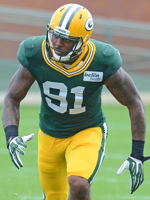 Linebacker Jayrone Elliott (91) during Green Bay Packers Training Camp at Ray Nitschke Field August 19, 2014.