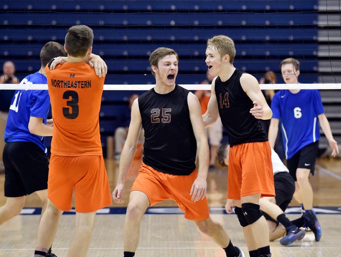 Northeastern's Dakoda Hoffman and Jacob Cheuvront celebrate