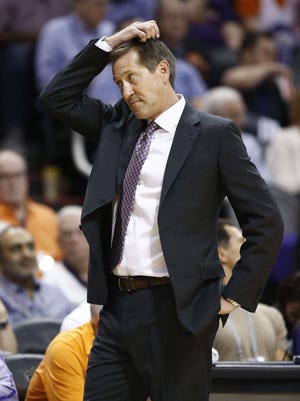 Phoenix Suns head coach Jeff Hornacek against the Dallas Mavericks during NBA action on Oct. 28, 2015 in Phoenix, Ariz.