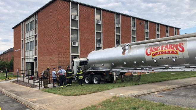 A Case Farms truck crashed into a dorm on Gardner-Webb University campus Monday morning after rolling down a hill from the Hardee's parking lot.