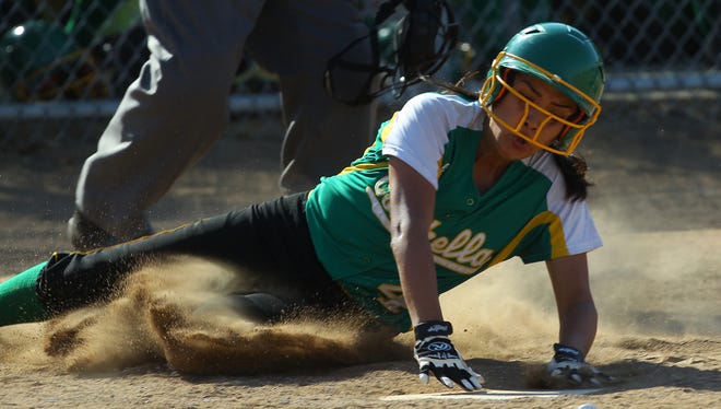Coachella Valley High School softball team, in green uniform, wins against Yucca Valley High School in Thermal on May 10, 2017. 