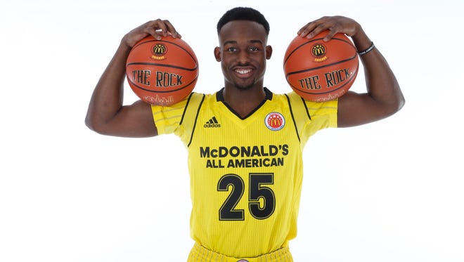 Mar 26, 2016; Chicago, IL, USA; McDonalds All American guard Joshua Langford (25) poses for photos on portrait day at the Marriott Hotel.
