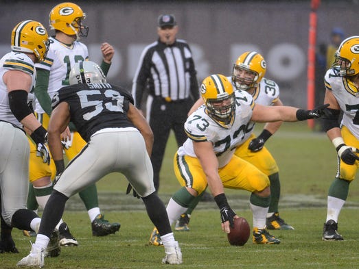 Green Bay Packers tackle JC Tretter (73), playing center