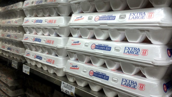 File - This July 6, 2016, file photo shows egg cartons displayed on a shelf at a market in San Francisco. Six states lacked the legal right to challenge a California law that prohibits the sale off eggs from chickens that are not raised in accordance with strict space requirements, a federal appeals court said Thursday, Nov. 17, 2016. The states, Missouri, Nebraska, Oklahoma, Alabama, Kentucky and Iowa failed to show how the law would affect them and not just individual egg farmers, a unanimous three-judge panel of the 9th U.S. Circuit Court of Appeals ruled.