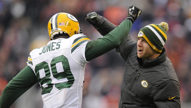 Green Bay Packers receivers James Jones, left, and Jordy Nelson celebrate Jones' touchdown reception in the second quarter of a 2012 game against the Chicago Bears.
