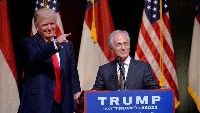 Presumptive Republican presidential nominee Donald Trump stands next to Sen. Bob Corker, R-Tenn., during a campaign event at the Duke Energy Center for the Performing Arts on July 5, 2016, in Raleigh, N.C.
