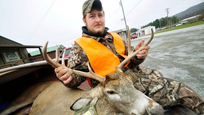 Brandon Stouffer, Upper Strasburg, got an 8-point buck during the first day of deer rifle season .Stouffer stopped by Keystone Country Store Monday, Nov. 30, 2015 to get the deer weighed.