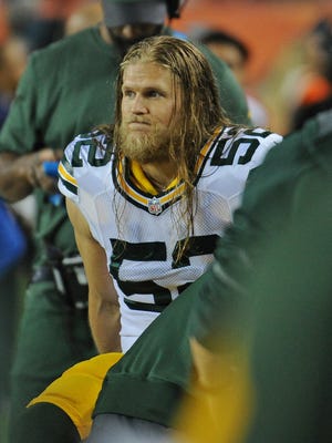 Green Bay Packers inside linebacker Clay Matthews looks on from the sideline Nov. 1 in the Packers' game against the Denver Broncos.