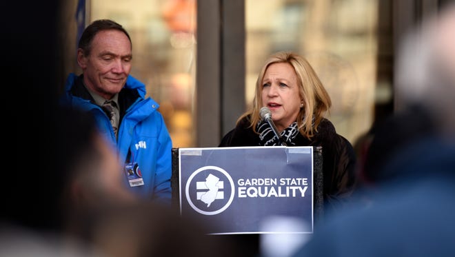 Assemblywoman Valerie Vainieri Huttle, D-Englewood, during a 2017 rally urging then-Gov. Chris Christie to protect transgender children. She was a co-sponsor of a bill Gov. Phil Murphy signed to allow people to amend their birth certificates to reflect their preferred gender.