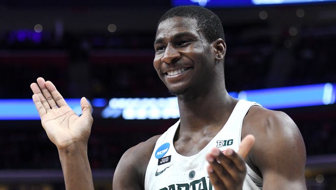 Michigan State's Jaren Jackson Jr. reacts after drawing a foul during the second half on Friday, March 16, 2018, at the Little Caesars Arena in Detroit. The Spartans beat Bucknell 82-78 to advance to the second round in the NCAA tournament.