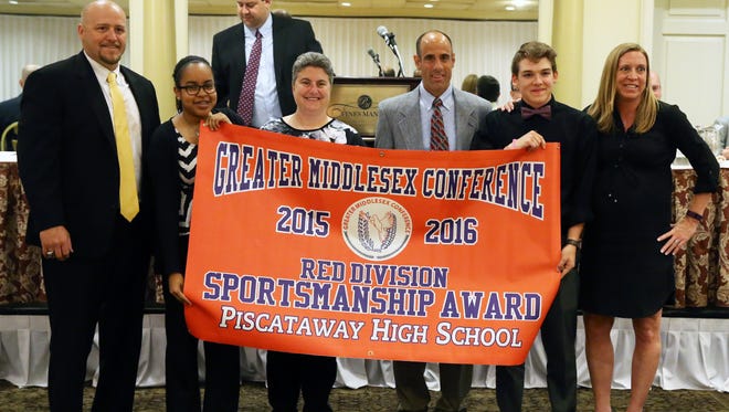 The 15th Annual Greater Middlesex Conference Dan Hayston Memorial Sportsmanship awards banquet at The Pines Manor in Edison on Wednesday May 11, 2016.Team Sportsman Award winners for the Red Division of the GMC, Piscataway High School. 
