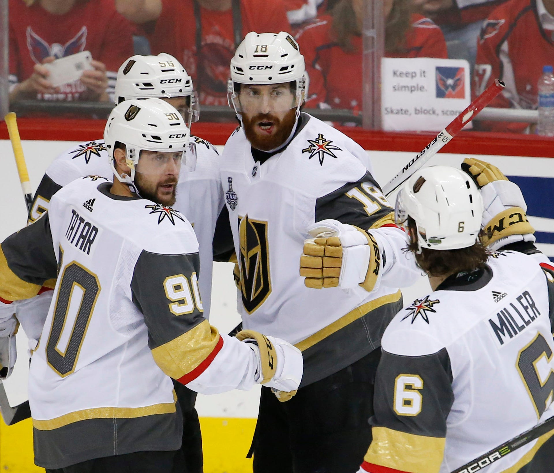 Vegas Golden Knights left wing James Neal (18) celebrates with teammates after scoring a goal against the Washington Capitals in the third period of Game 4 of the Stanley Cup Final.