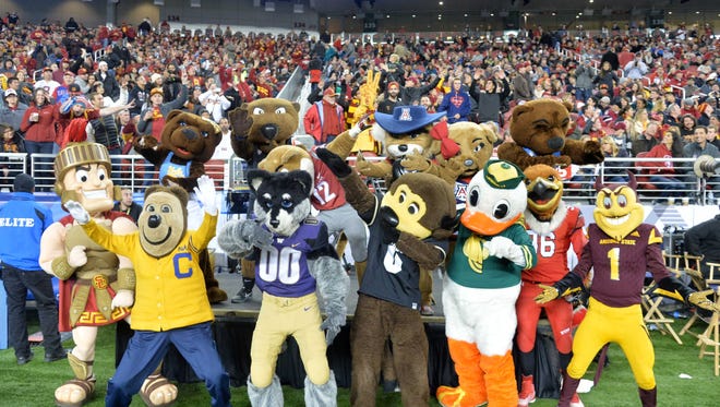 Mascots of the Southern California Trojans, California Golden Bears, Washington Huskies, Colorado Buffaloes, Oregon Ducks, Arizona Wildcats, Arizona State Sun Devils, Washington State Cougars and UCLA Bruins pose during the Pac-12 Conference football championship game at Levi's Stadium.