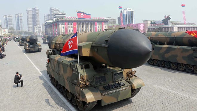 This April 15, 2017, photograph released from North Korea's official Korean Central News Agency shows Korean People's ballistic missiles being displayed through Kim Il-Sung square during a military parade in Pyongyang marking the 105th anniversary of the birth of late North Korean leader Kim Il-Sung.
