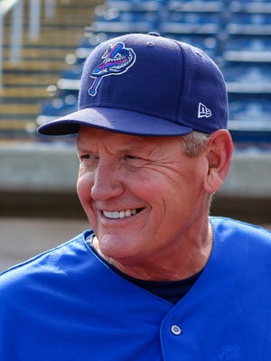 First-year Blue Wahoos head coach Jody Davis, who was the hitting coach with the Triple-A Louisville Bats, is interviewed during media day at Blue Wahoos Stadium on Tuesday, April 3, 2018. He was a two-time All-Star and Gold Glove winner while playing with the Chicago Cubs in the 1980's.