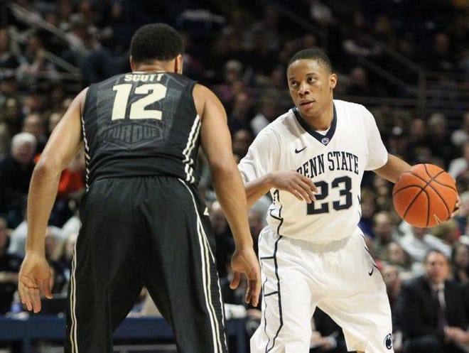 Feb 2, 2014; University Park, PA, USA; Penn State Nittany Lions guard Tim Frazier (23) signals as Purdue Boilermakers guard Bryson Scott (12) guards during the first half at Bryce Jordan Center. Mandatory Credit: Matthew O'Haren-USA TODAY Sports