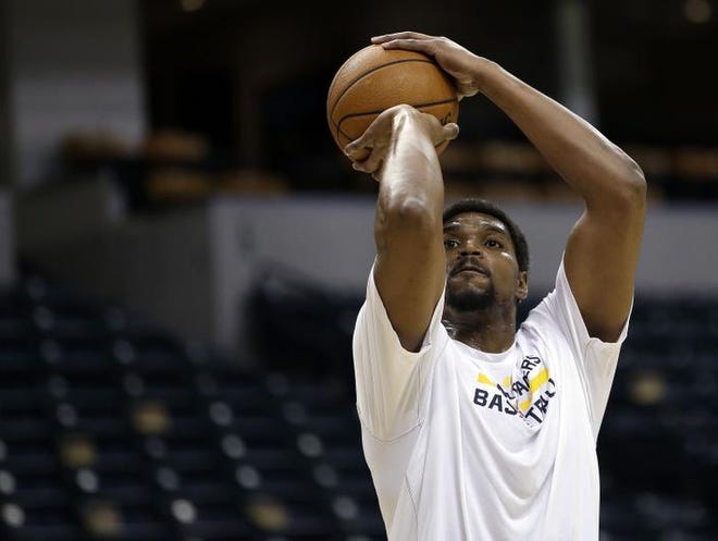 
Indiana Pacers center Andrew Bynum warms up before the Pacers played the Boston Celtics.
