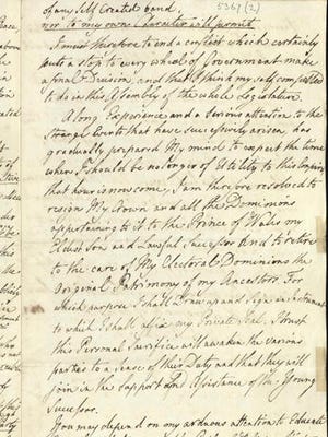 A handout from Britain's Royal Archive image released on Saturday Jan. 28, 2017, shows a page from a draft abdication letter written in March 1783 said to be by the hand of Britain's King George III. An enormous cache of historical documents from Britain's royal archives detailing the life and reign of King George III is set to go online as part of the British royal family's ongoing effort to rehabilitate the legacy of the monarch widely regarded as having been insane. The monarch was America's last king and is often referred to as "Mad King George."
