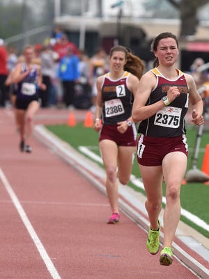 Northern State's Paige Larson runs during the 1500 meter run at Howard Wood Dakota Relays in Sioux Falls, S.D., Saturday, May 7, 2016. 