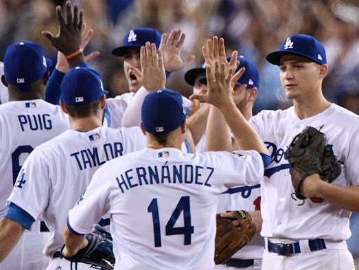 Game 1 at Dodger Stadium: Dodgers players celebrate