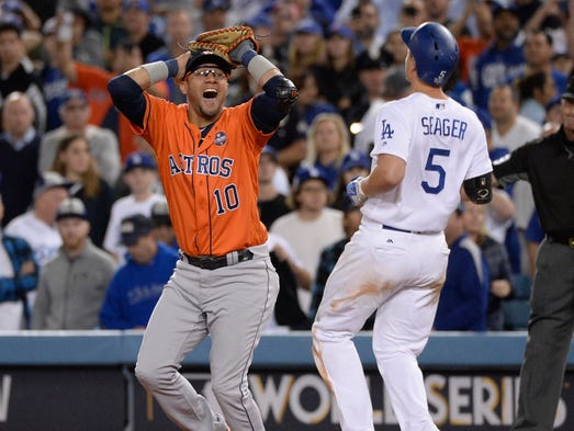 Game 7 at Dodger Stadium: Yuli Gurriel reacts after