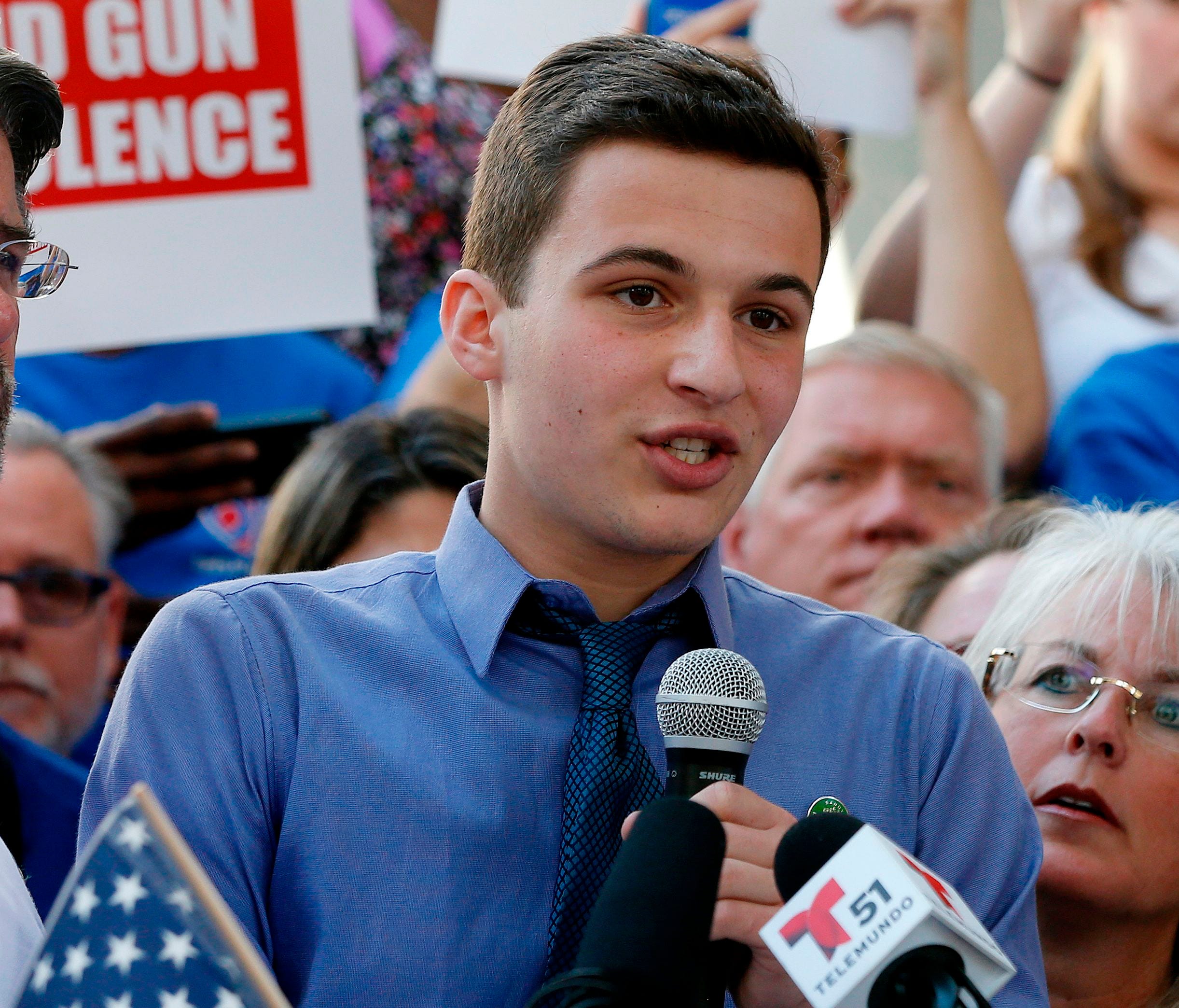 Marjory Stoneman Douglas High School student Cameron Kasky speaks at a rally for gun control at the Broward County Federal Courthouse in Fort Lauderdale, Fla. on February 17, 2018.