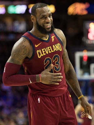 Cleveland Cavaliers forward LeBron James (23) smiles during a game against the Philadelphia 76ers at Wells Fargo Center.