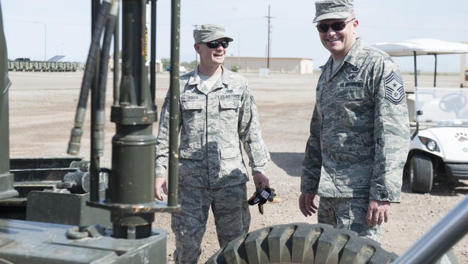 Chief Master Sgt. Jason France, Air Force Materiel Command command chief, visits Holloman Air Force Base, N.M., June 6, 2017. France traveled to various sections around Basic Expeditionary Airfield Resources Base to receive an overview of how they support the entire Air Force enterprise, discuss challenges they face, and discover ways to advocate for the 635th tenant unit.