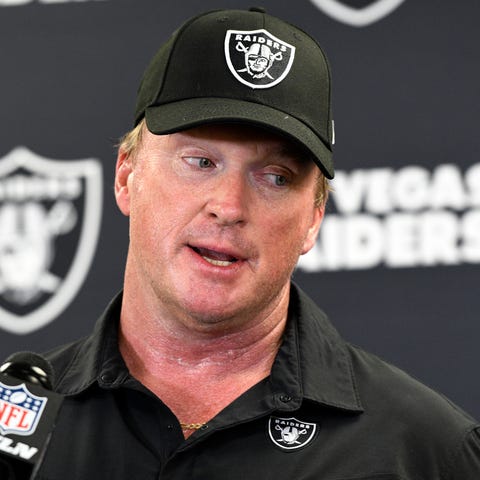 FILE - Las Vegas Raiders head coach Jon Gruden spe