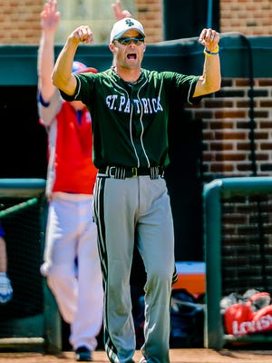 Portland St. Patrick Head Coach Bryan Scheurer directs his team during their Division 4 state final game with Parkway Christian. He is the LSJ baseball coach of the year.