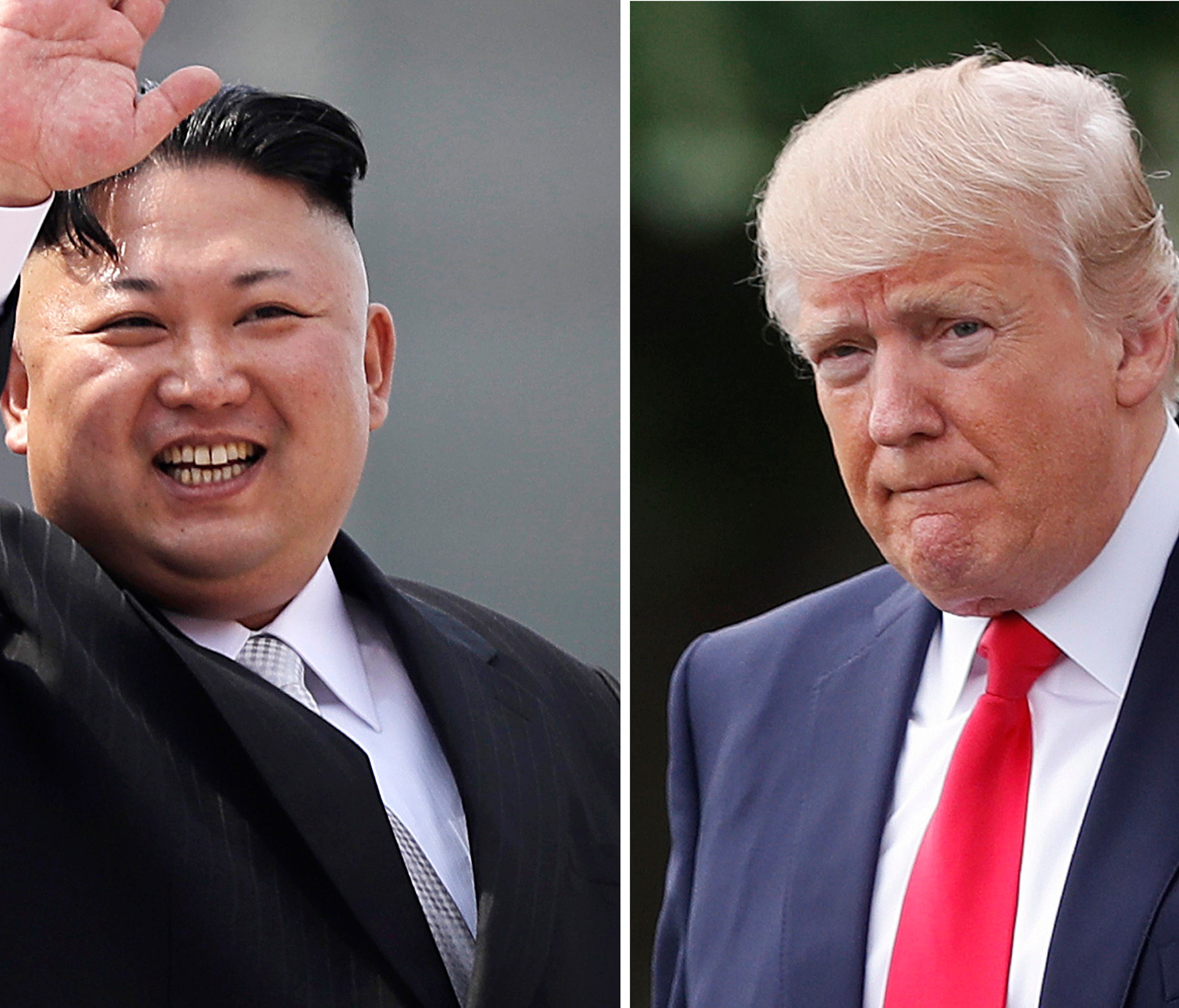 North Korean leader Kim Jong Un on April 15, 2017, in Pyongyang, North Korea, left, and President Trump in Washington on April 29, 2017.