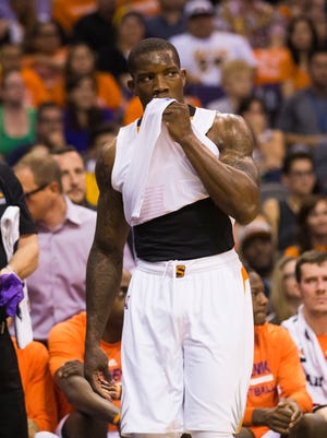 Phoenix Suns guard Eric Bledsoe leaves the court after picking up his second technical foul against the Los Angeles Lakers during the third quarter at US Airways Center in Phoenix, Ariz. October 29, 2014.