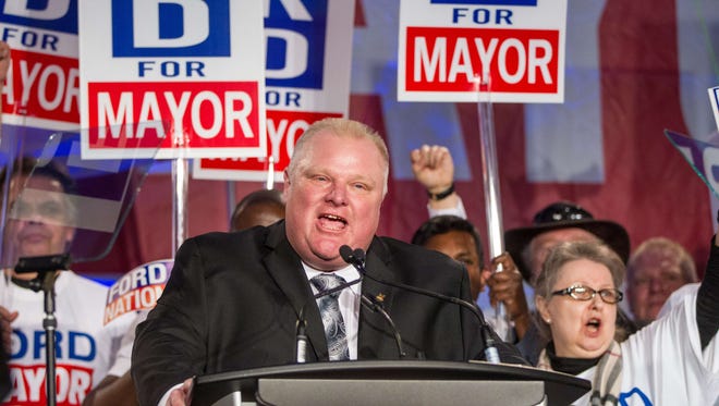 Toronto Mayor Rob Ford speaks during the kickoff of his re-election campaign at a rally in the city's north end on April 17, 2014.
