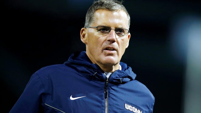 Susquehannock High School graduate Randy Edsall is the head football coach at the University of Connecticut. Edsall's son, Corey, is a member of his staff as a tight ends coach. The legality of that arrangement is a matter of dispute. AP FILE PHOTO