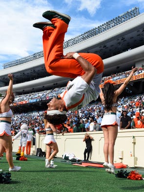 Miami Hurricanes cheerleaders perform on the sidelines.