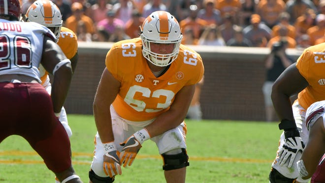 Tennessee offensive lineman Brett Kendrick (63) during the first half of their game against UMass Minutemen Saturday, Sep. 23, 2017 at Neyland Stadium in Knoxville, Tenn.
