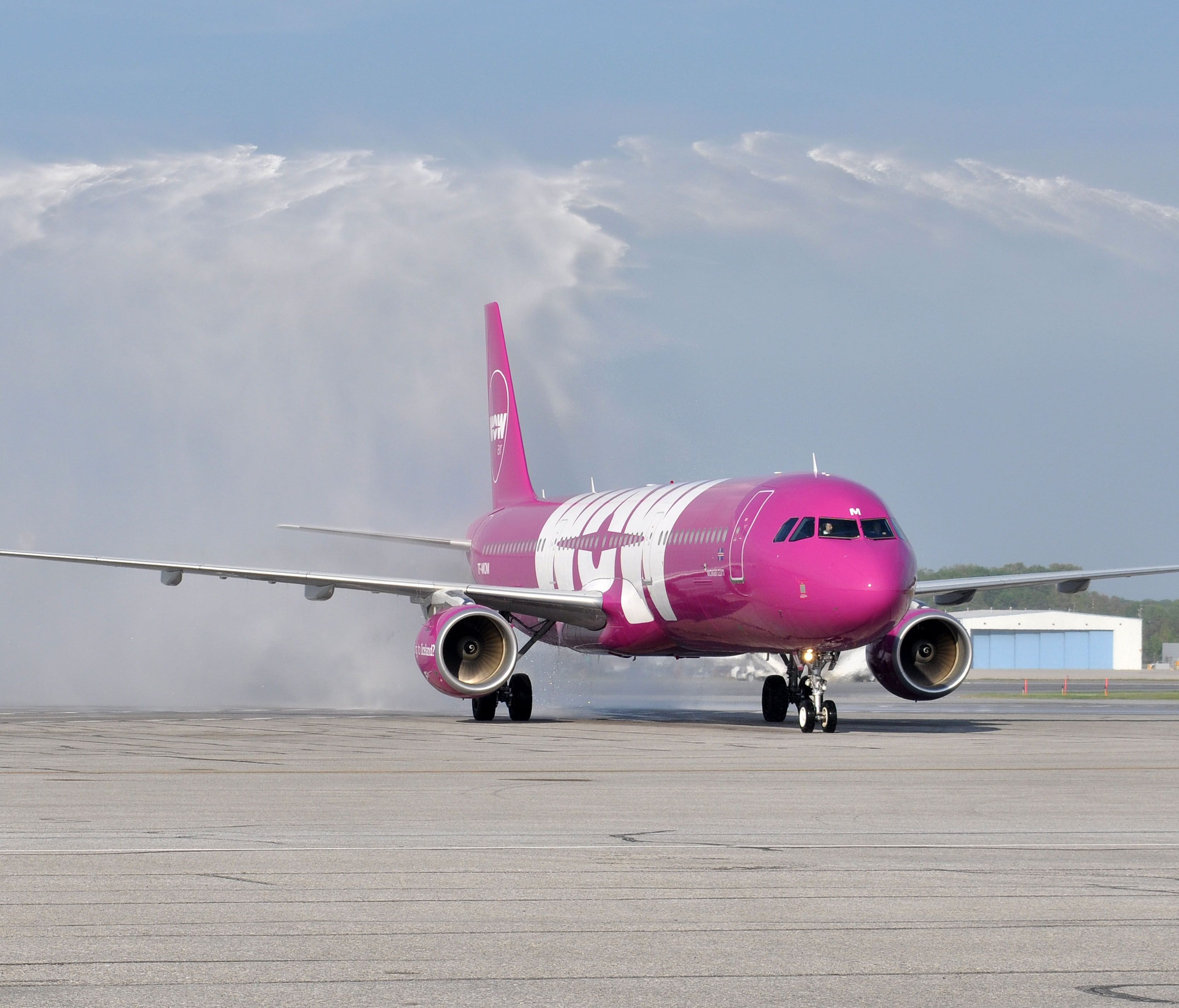 WOW Air's inaugural flight to Baltimore/Washington International Airport gets a water-cannon salute on May 8, 2015.