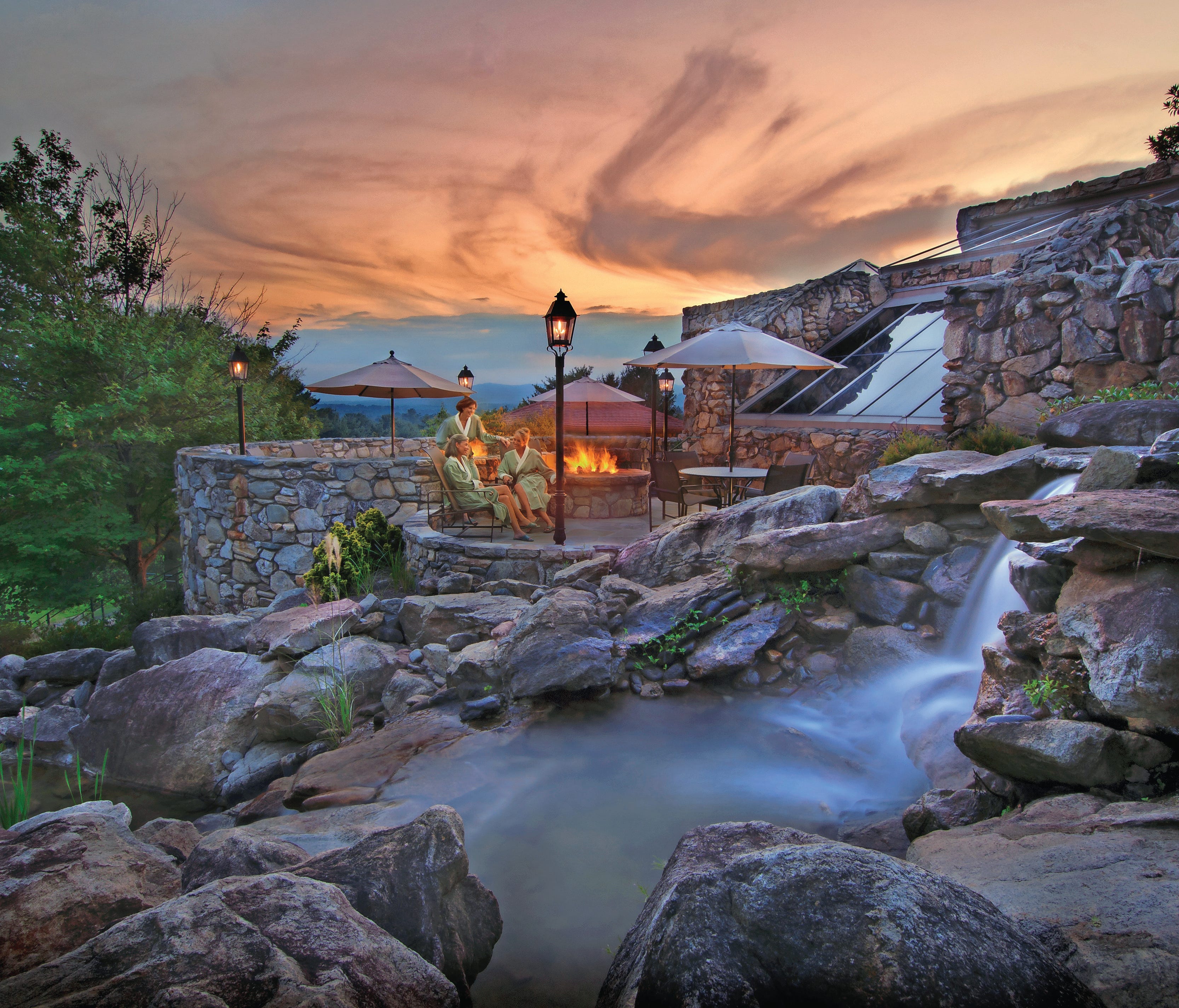Autumnal colors serve as the backdrop to The Omni Grove Park Inn spa resort in Asheville, N.C.