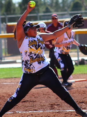 Alamogordo senior Rosemary Tave prepares to throw a pitch Friday afternoon at the Field of Dreams Sports Complex during the first-round of the Southern N.M. Invite.