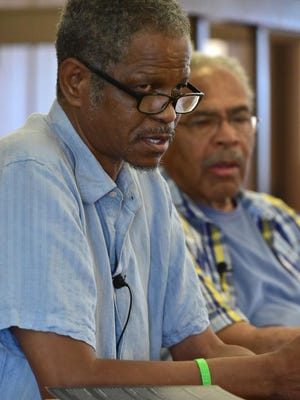 Alvin Sykes, president of the Emmett Till Justice Campaign, left, and Till's cousin, Wheeler Parker, spoke recently to educators gathered at the restored Tallahatchie County courtroom.