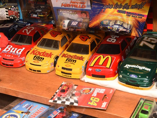 A view of some toy cars, part of Donna Brunow's NASCAR