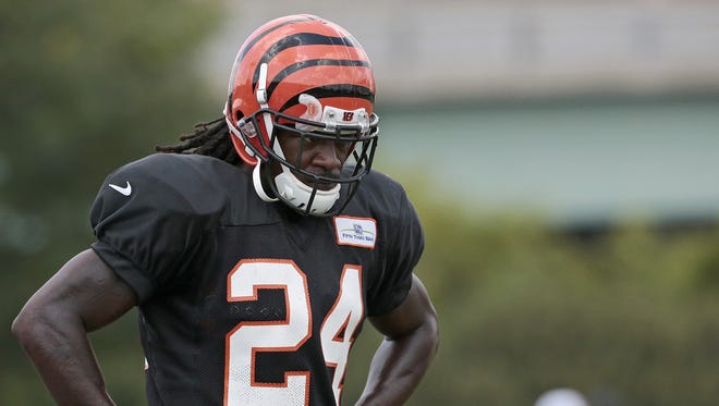 Cincinnati Bengals cornerback Adam Jones (24) focuses between reps of a drill during a joint practice between the Cincinnati Bengals and the New York Giants at the Bengals practice facility in downtown Cincinnati on Tuesday.