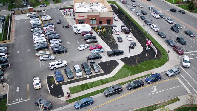 Traffic at the Greece Chick-fil-A as seen from the D&C drone, Thursday May 10, 2018.